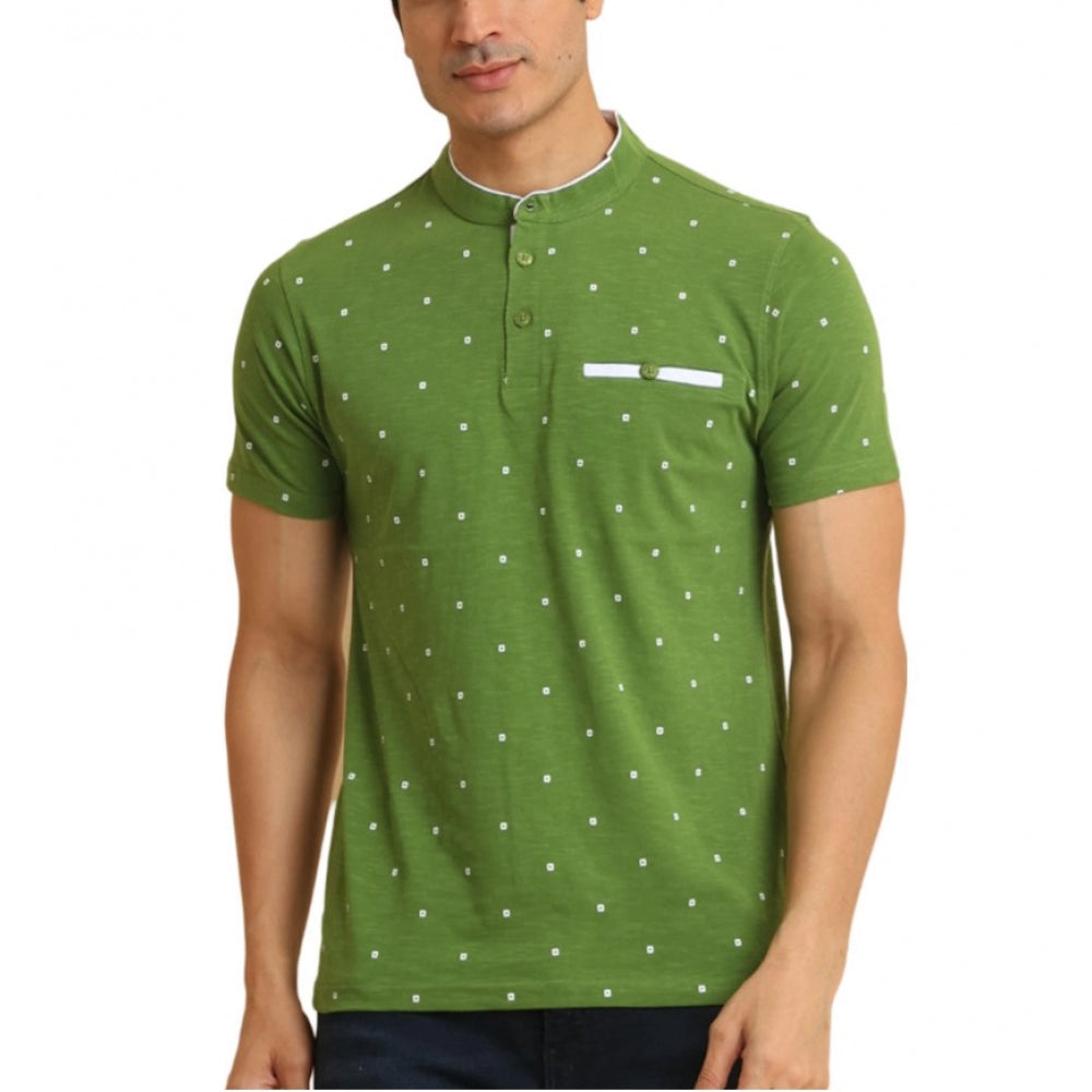 Generic Men's Casual Cotton Printed Mandarin Collar Half Sleeve T-Shirt (Green) Main image