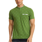 Generic Men's Casual Cotton Printed Mandarin Collar Half Sleeve T-Shirt (Green)
