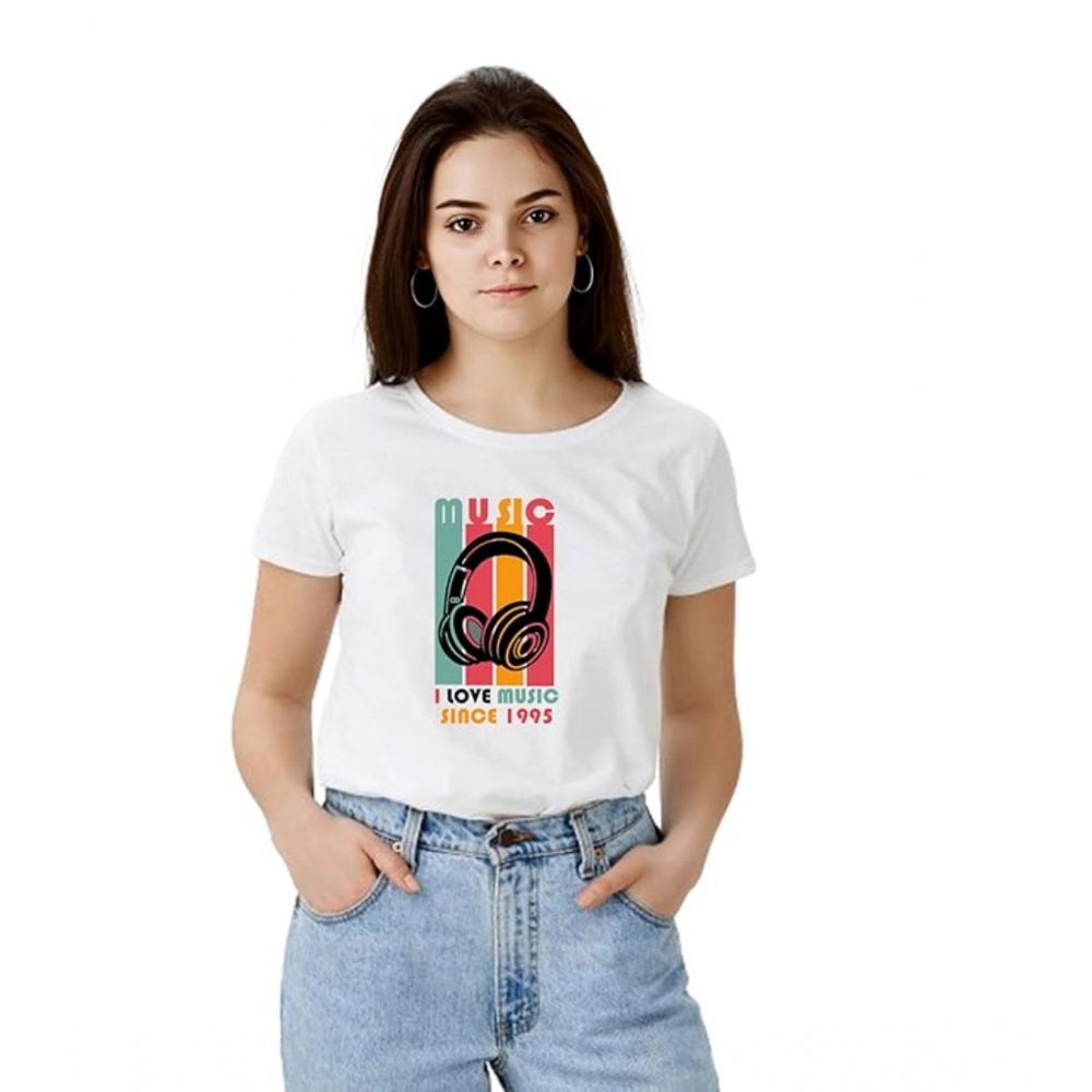 Generic Women's Polyester Solid Printed Round Neck Half Sleeve T-shirt (White) Main image
