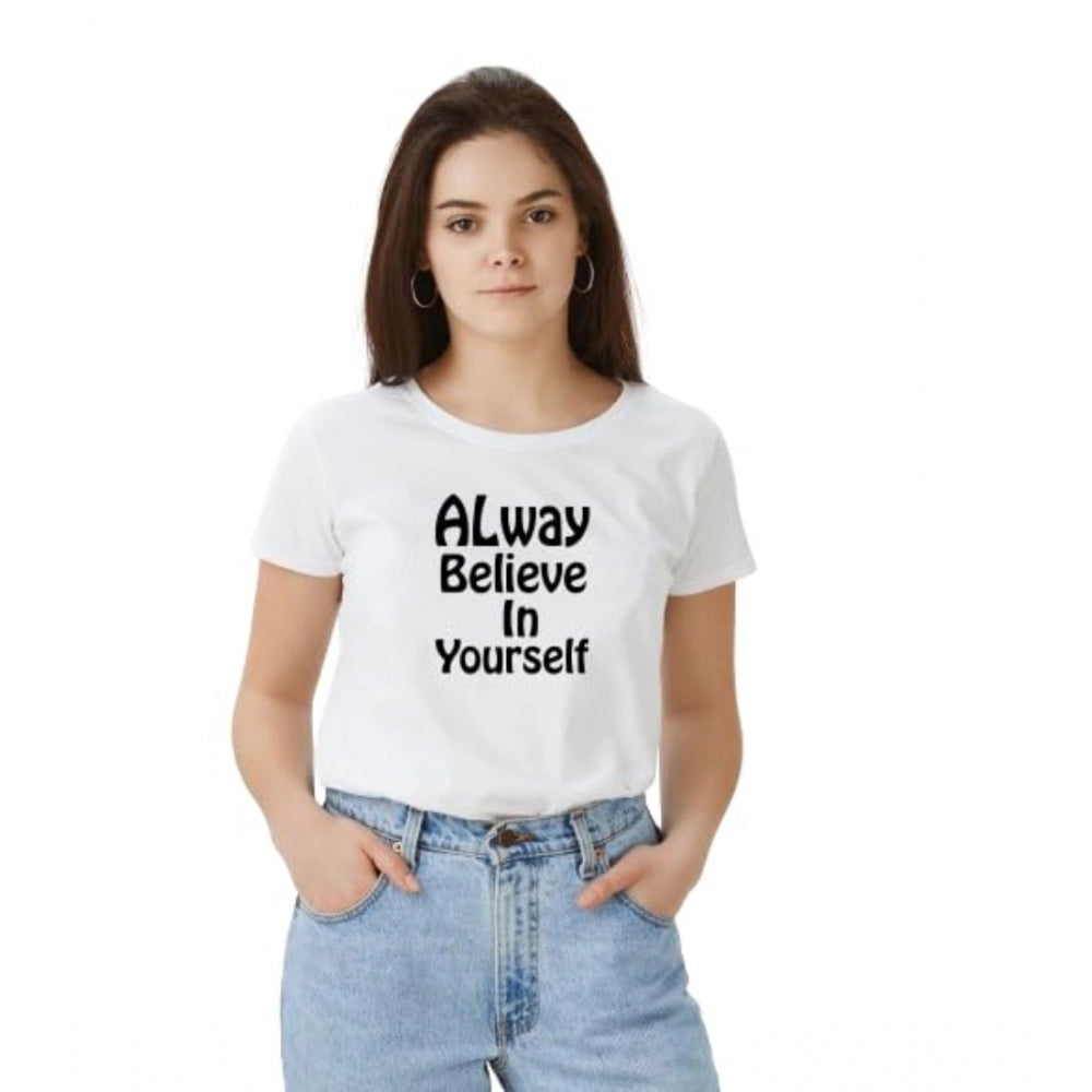 Generic Women's Polyester Solid Printed Round Neck Half Sleeve T-shirt (White) Main image