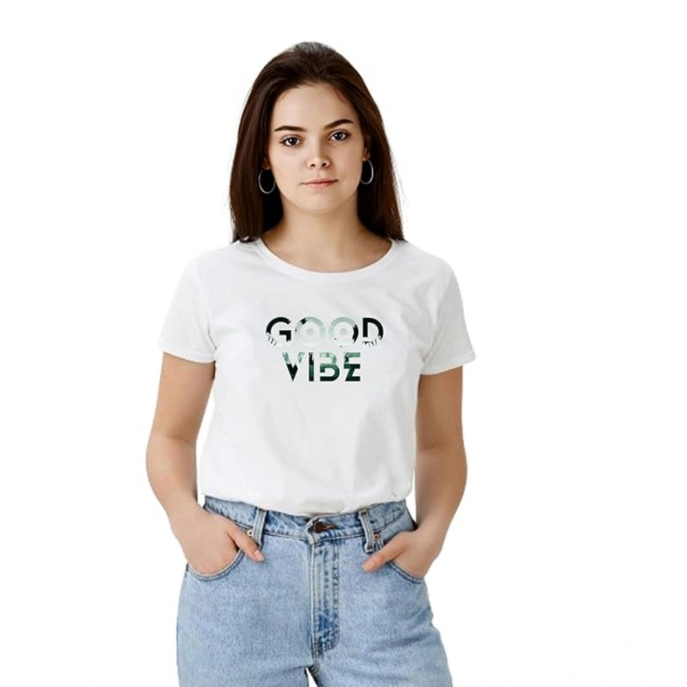 Generic Women's Polyester Solid Printed Round Neck Half Sleeve T-shirt (White) Main image
