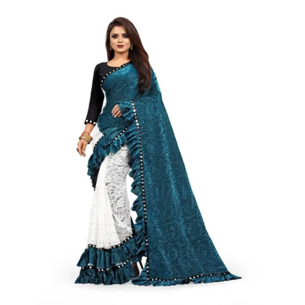 Generic Women's Silk With Mirror Lace Solid Saree With Unstitched Blouse (Rama, 5-5 Mtrs) Main image