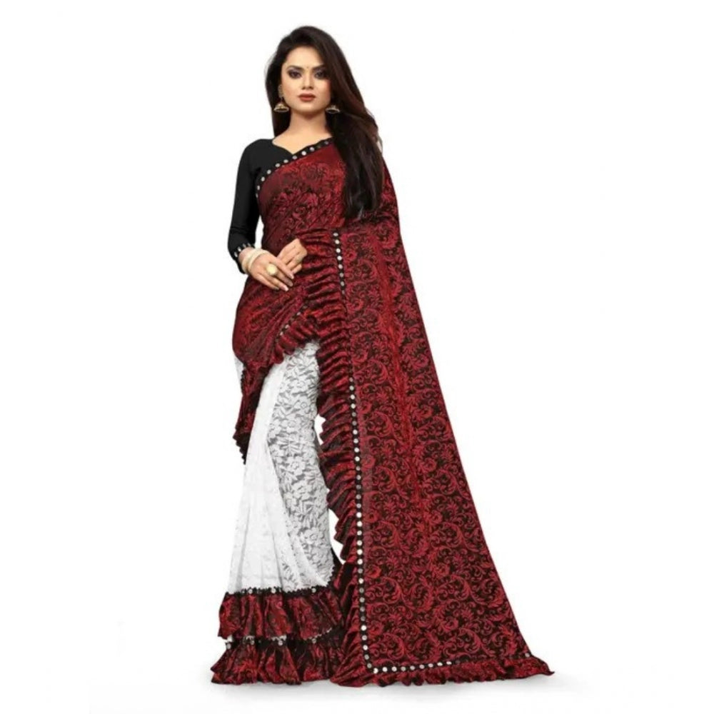 Generic Women's Silk With Mirror Lace Solid Saree With Unstitched Blouse (Red, 5-5 Mtrs) Main image
