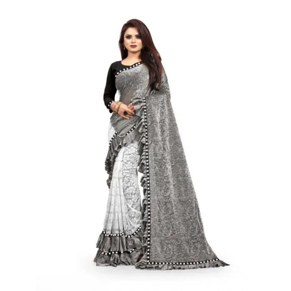 Generic Women's Silk With Mirror Lace Solid Saree With Unstitched Blouse (Grey, 5-5 Mtrs) Main image
