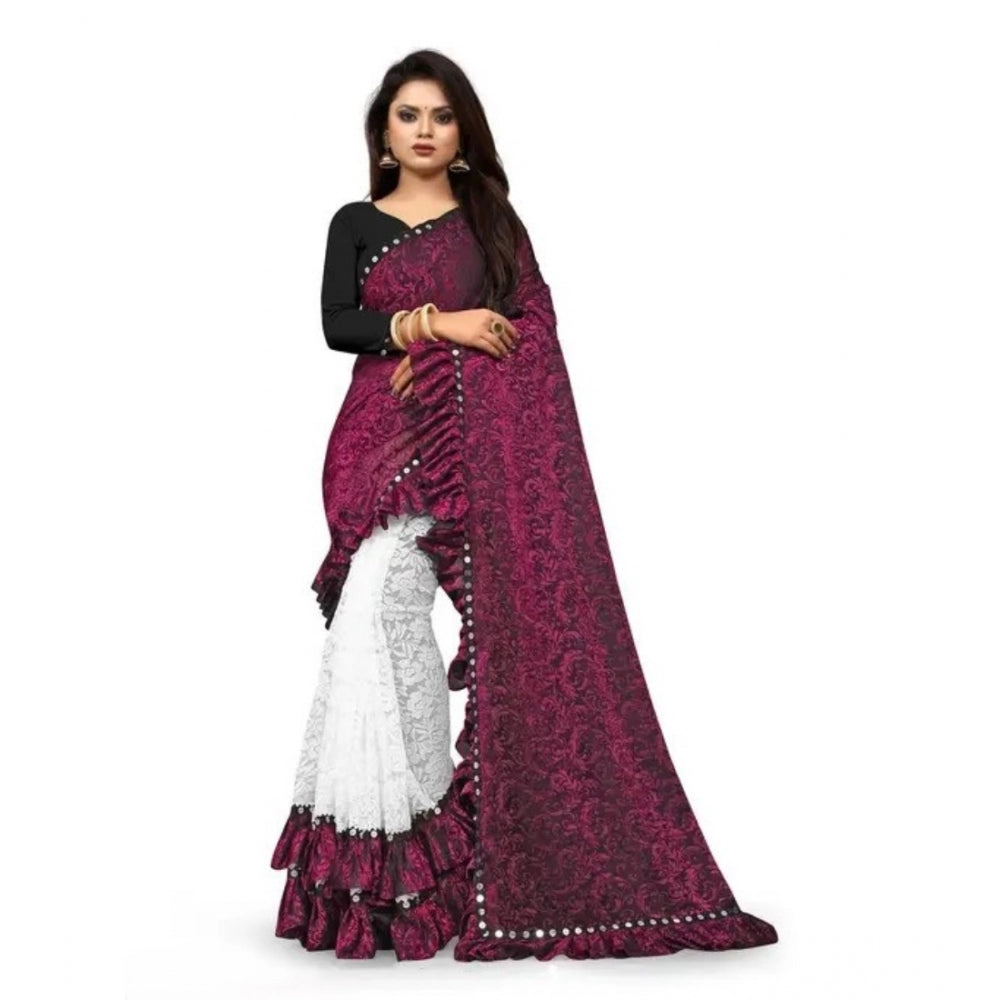 Generic Women's Silk With Mirror Lace Solid Saree With Unstitched Blouse (Pink, 5-5 Mtrs) Main image
