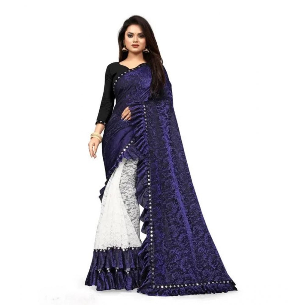 Generic Women's Silk With Mirror Lace Solid Saree With Unstitched Blouse (Blue, 5-5 Mtrs) Main image