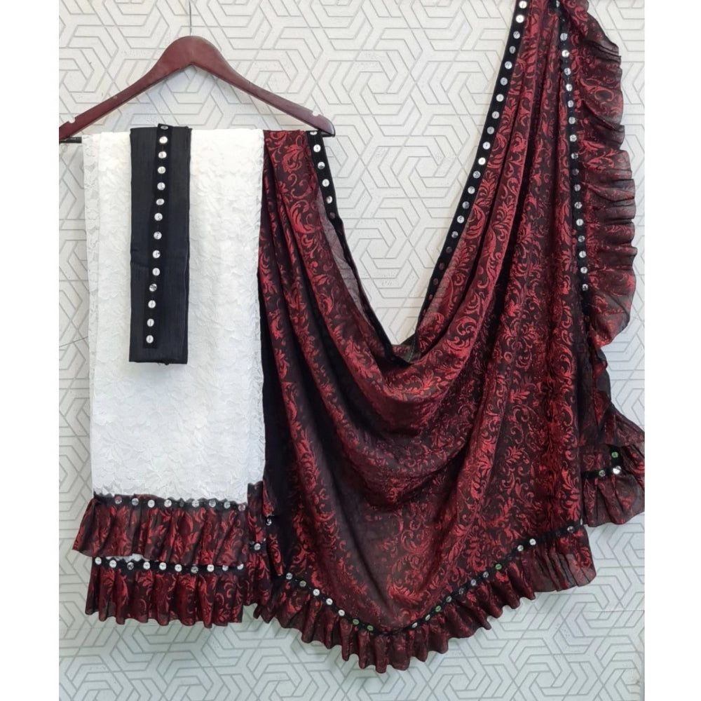 Generic Women's Silk With Mirror Lace Solid Saree With Unstitched Blouse (Red, 5-5 Mtrs) Secondary image