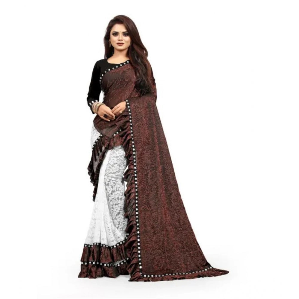 Generic Women's Silk With Mirror Lace Solid Saree With Unstitched Blouse (Brown, 5-5 Mtrs) Main image