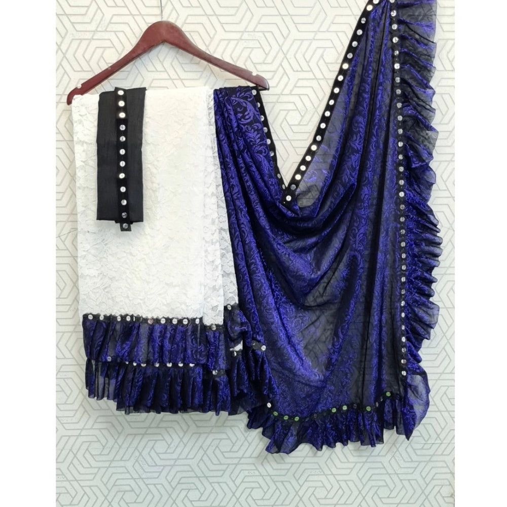 Generic Women's Silk With Mirror Lace Solid Saree With Unstitched Blouse (Blue, 5-5 Mtrs) Secondary image