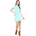 Generic Women's Rayon Checkered Short Sleeve Above Knee Dress (SkuBlue - White)