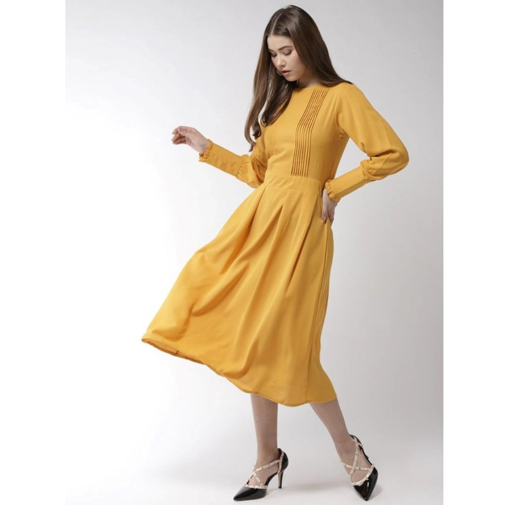 Generic Women's Polyester Pintuck Long Sleeves Below Knee Dress (Yellow) Secondary image
