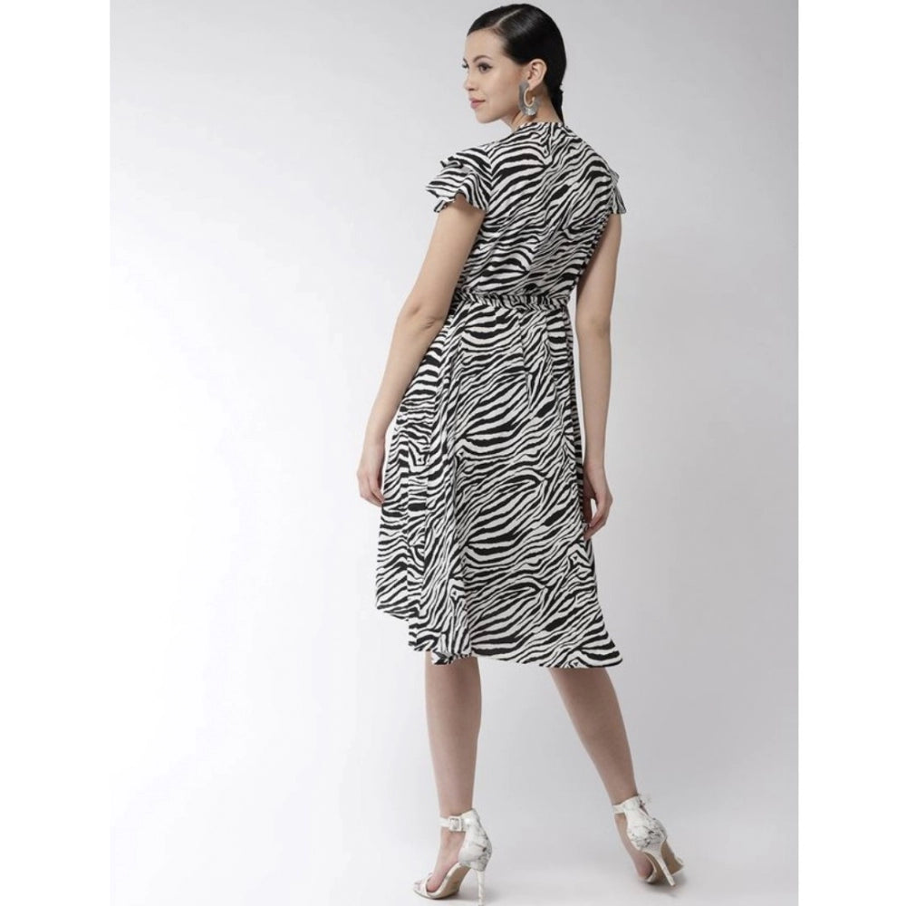Generic Women's Polyester Animal Print Short Sleeve Knee-Length Dress (Black - White) Secondary image