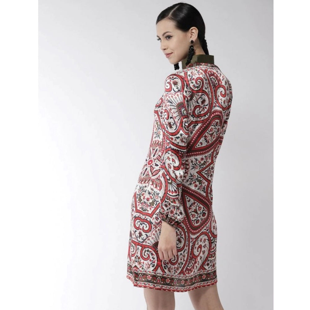 Generic Women's Polyester Printed Long Sleeves Above Knee Dress (Red) Secondary image