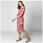 Generic Women's Polyester Checkered 3-4th Sleeves Below Knee Dress (Pink - Black)