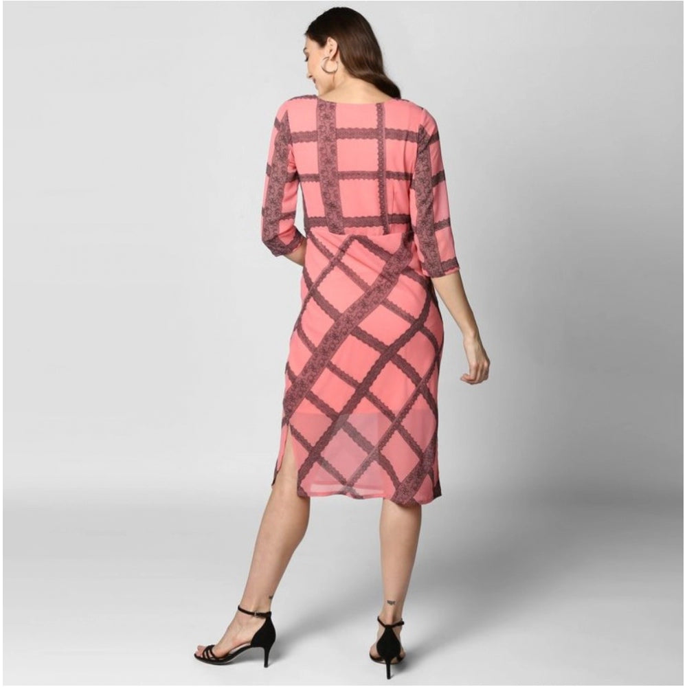 Generic Women's Polyester Checkered 3-4th Sleeves Below Knee Dress (Pink - Black) Secondary image