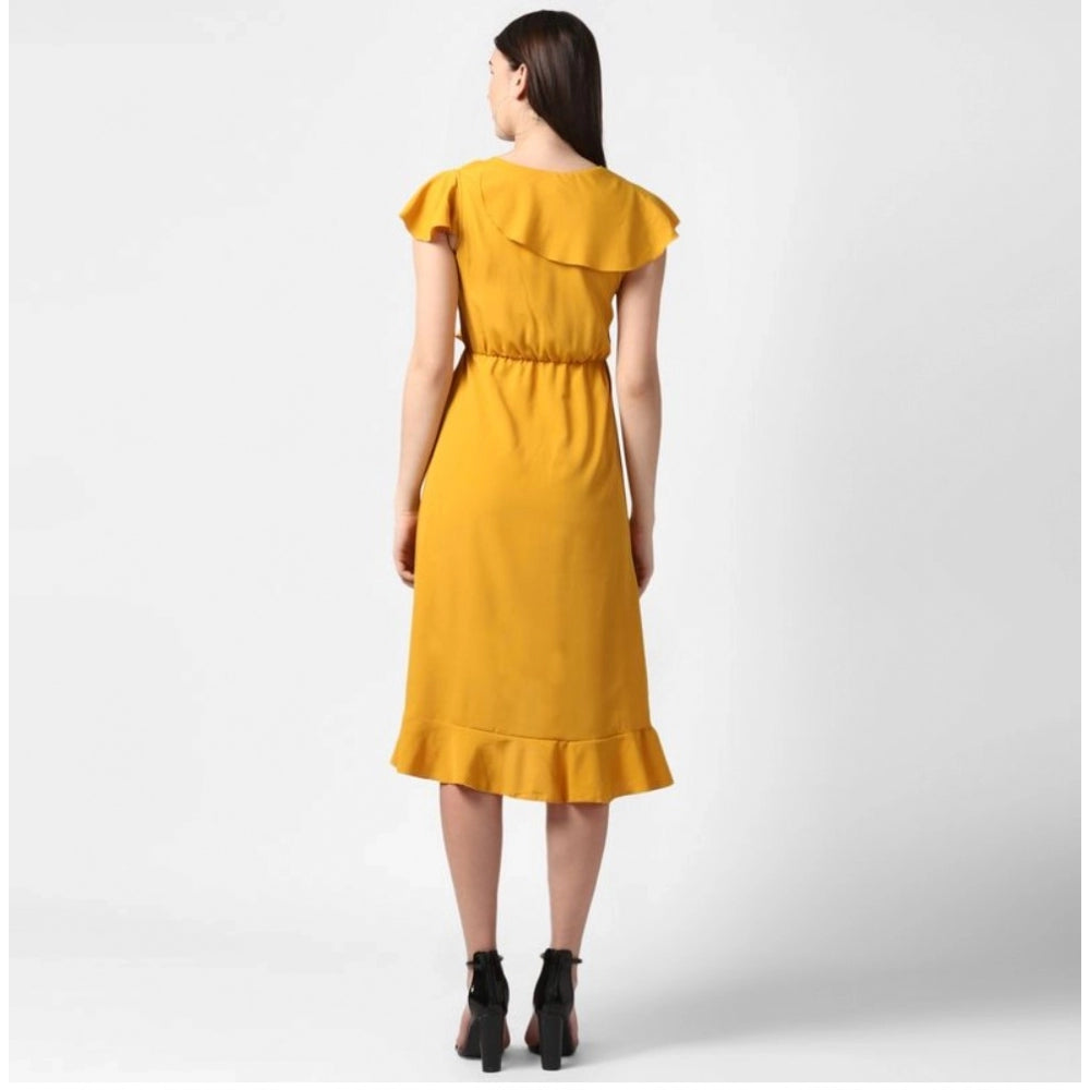 Generic Women's Polyester Ruffled Cap Sleeve Knee-Length Dress (Yellow) Secondary image