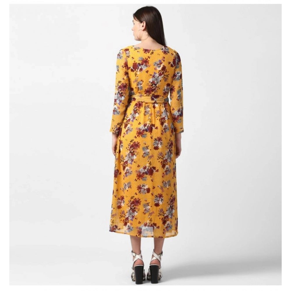 Generic Women's Polyester Floral Long Sleeves Calf-length Dress (Yellow) Secondary image