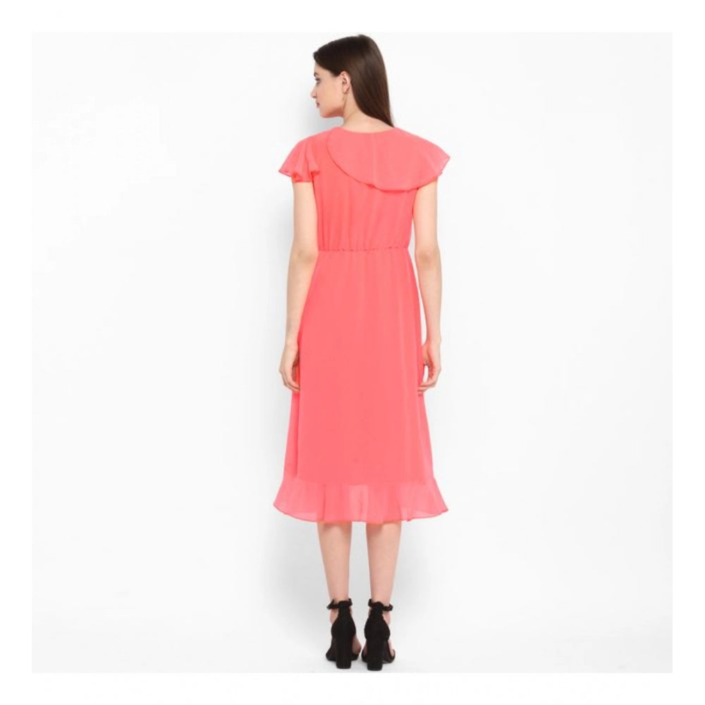 Generic Women's Polyester Ruffled Cap Sleeve Below Knee Dress (Coral Pink) Secondary image