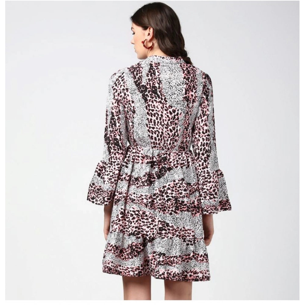 Generic Women's Polyester Animal Print Bell Sleeve Above Knee Dress (Pink - Black) Secondary image