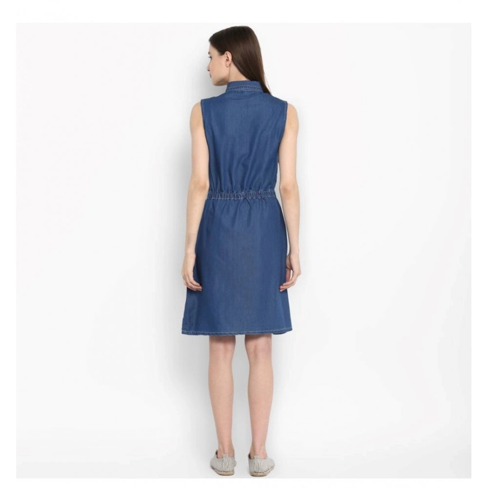 Generic Women's Denim Solid Sleeveless Above Knee Dress (Blue) Secondary image