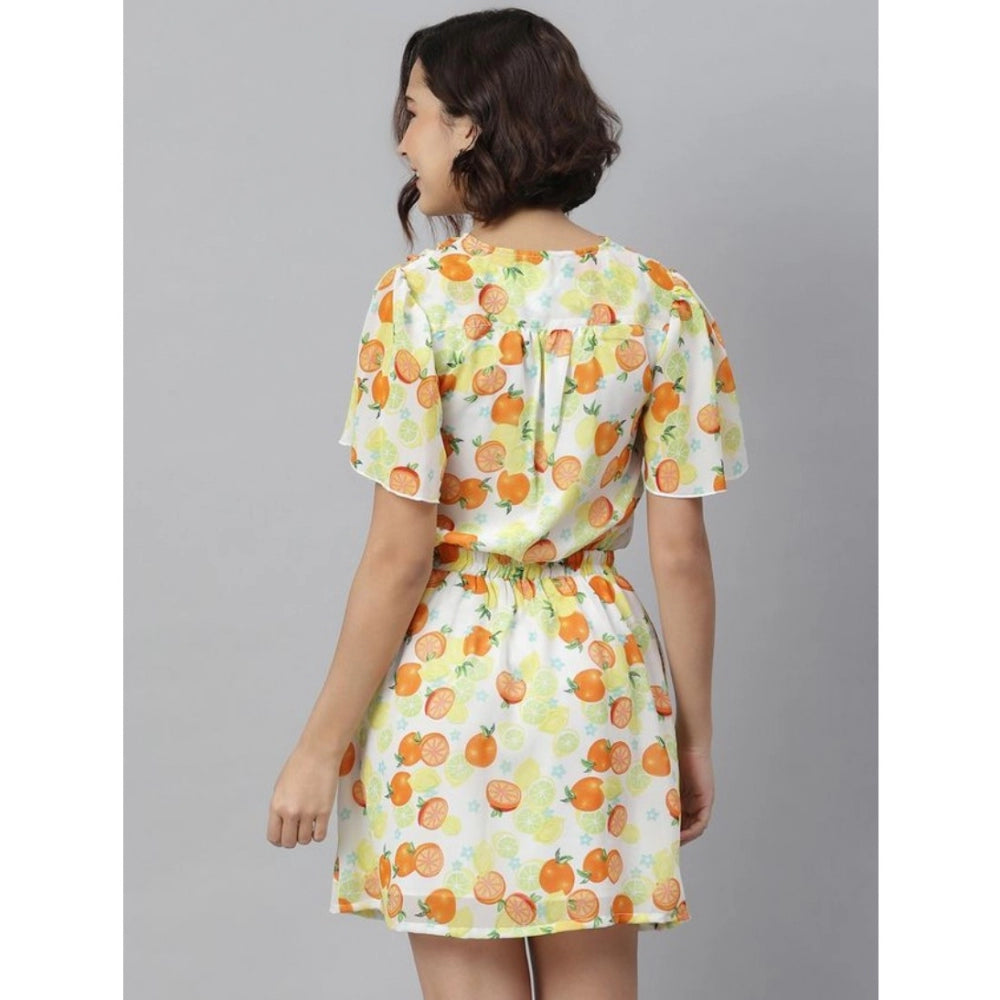 Generic Women's Polyester Printed Flutter Above Knee Dress (Orange - Yellow) Secondary image
