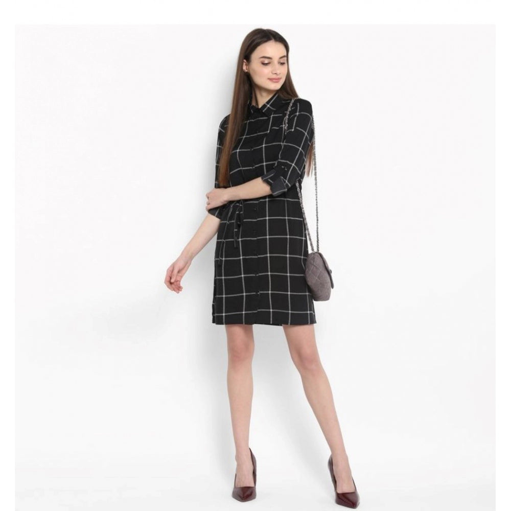 Generic Women's Polyester Checkered Roll Up Sleeve Above Knee Dress (Black - White)