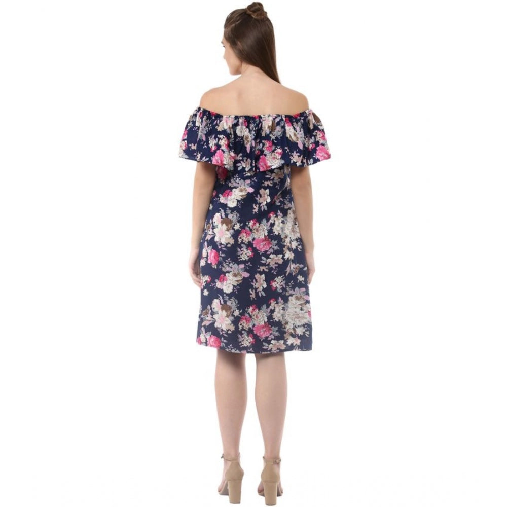 Generic Women's Polyester Crepe Floral Half Sleeve Above Knee Dress (Navy Blue) Secondary image