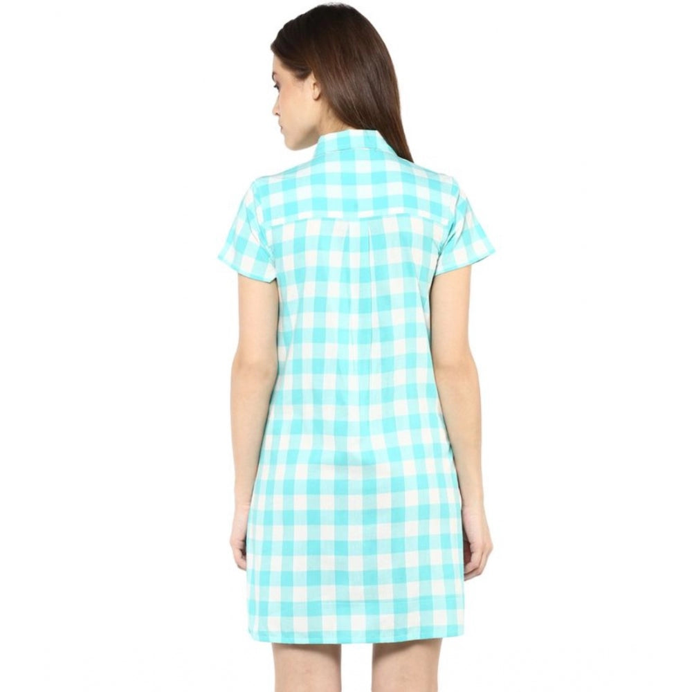 Generic Women's Rayon Checkered Short Sleeve Above Knee Dress (SkuBlue - White) Secondary image