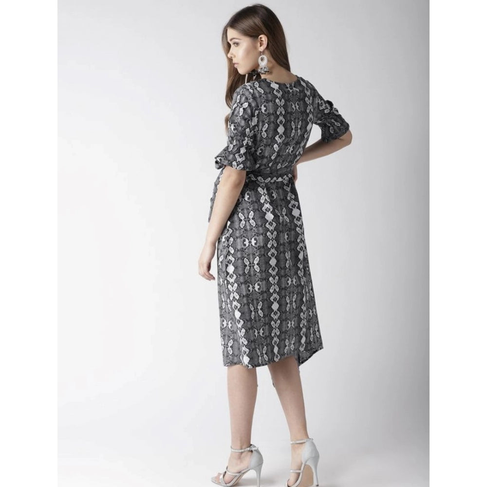 Generic Women's Polyester Animal Print Short Sleeve Knee-Length Dress (Black - White) Secondary image