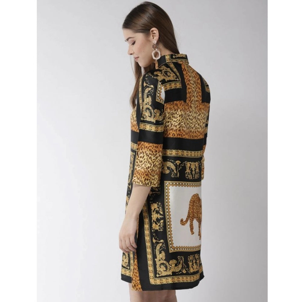 Generic Women's Satin Animal Print 3-4th Sleeves Above Knee Dress (White - Orange) Secondary image