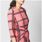 Generic Women's Polyester Checkered 3-4th Sleeves Below Knee Dress (Pink - Black)