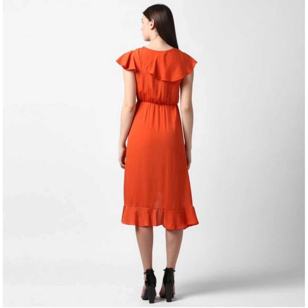Generic Women's Polyester Ruffled Cap Sleeve Knee-Length Dress (Orange) Secondary image