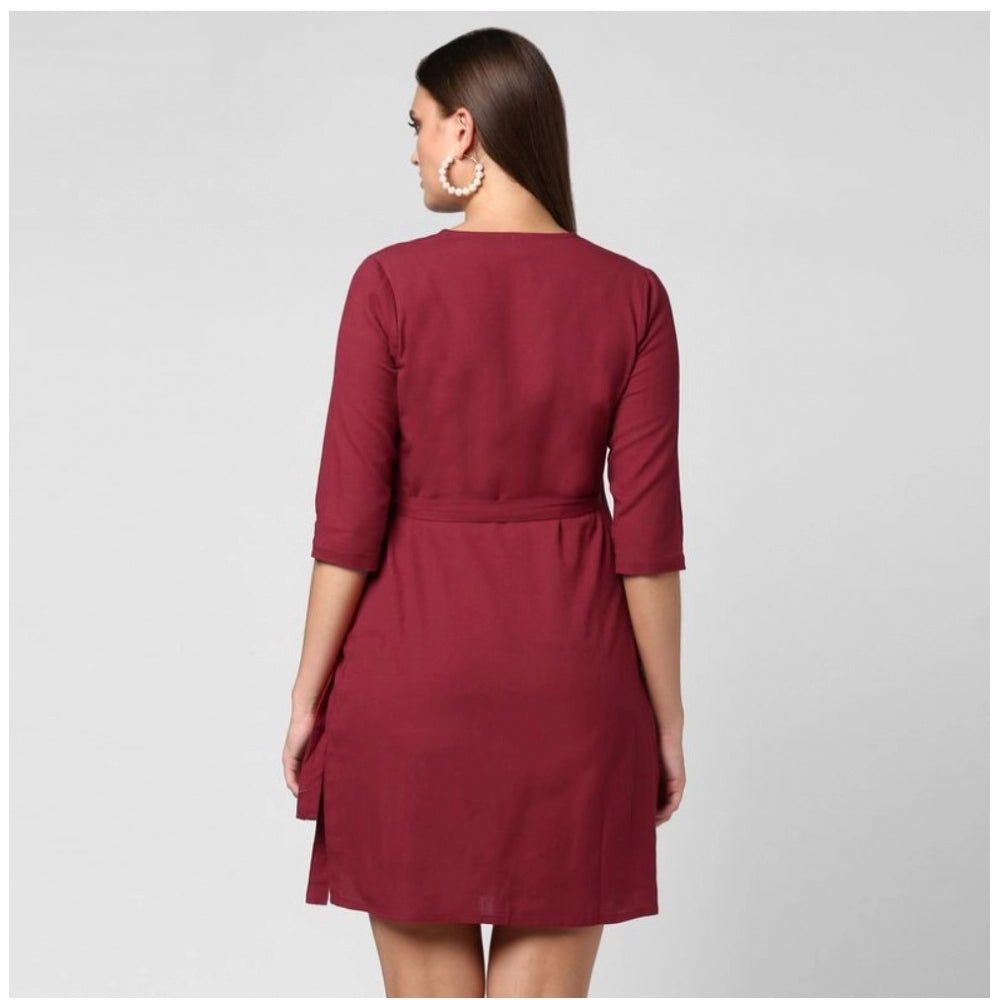 Generic Women's Cotton Solid 3-4th Sleeves Above Knee Dress (Maroon) Secondary image