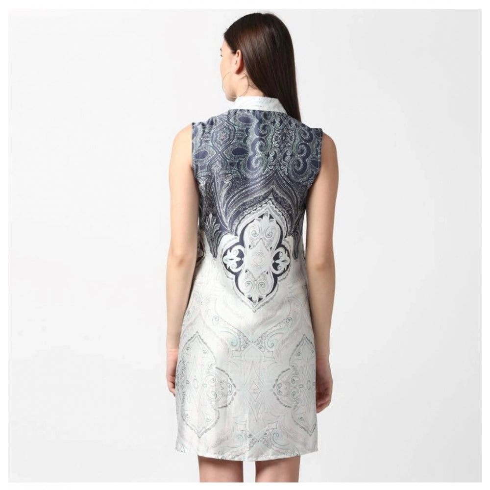 Generic Women's Polyester Printed Sleeveless Above Knee Dress (Blue) Secondary image