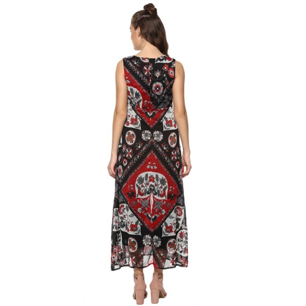Generic Women's Polyester Printed Sleeveless Dress (Red - Black) Secondary image