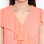 Generic Women's Polyester Ruffled Cap Sleeve Below Knee Dress (Neon Pink)