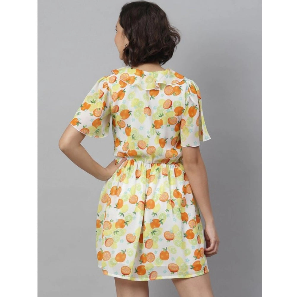 Generic Women's Polyester Printed Flutter Above Knee Dress (Yellow - Orange) Secondary image