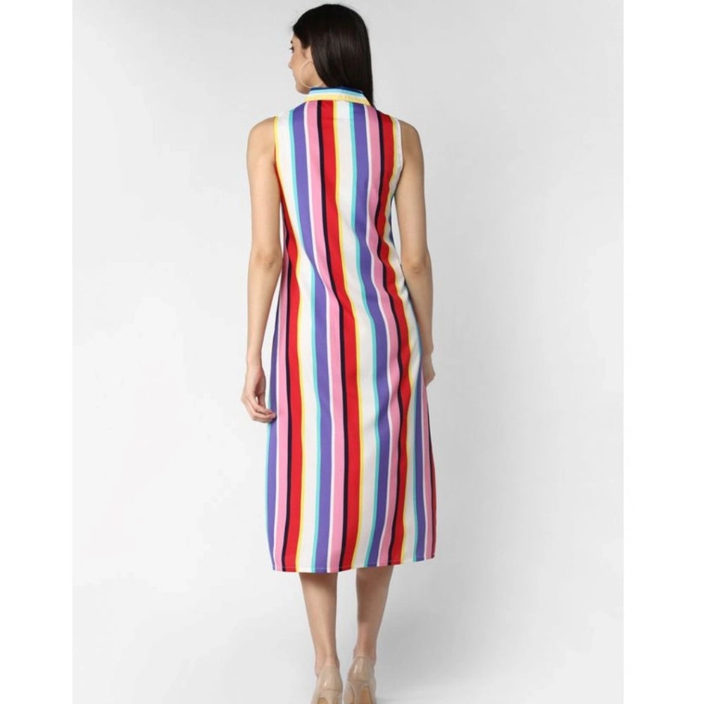 Generic Women's Polyester Striped Sleeveless Calf-length Dress (Multicolor) Secondary image