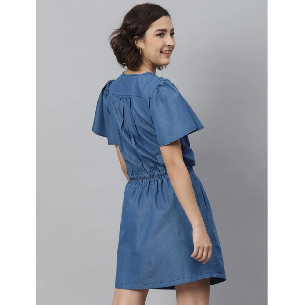 Generic Women's Denim Solid Flutter Above Knee Dress (Blue) Secondary image