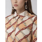 Generic Women's Polyester Printed Roll Up Sleeve Above Knee Dress (Off White - Brown)