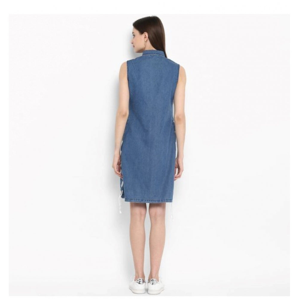 Generic Women's Denim Solid Sleeveless Above Knee Dress (Blue) Secondary image