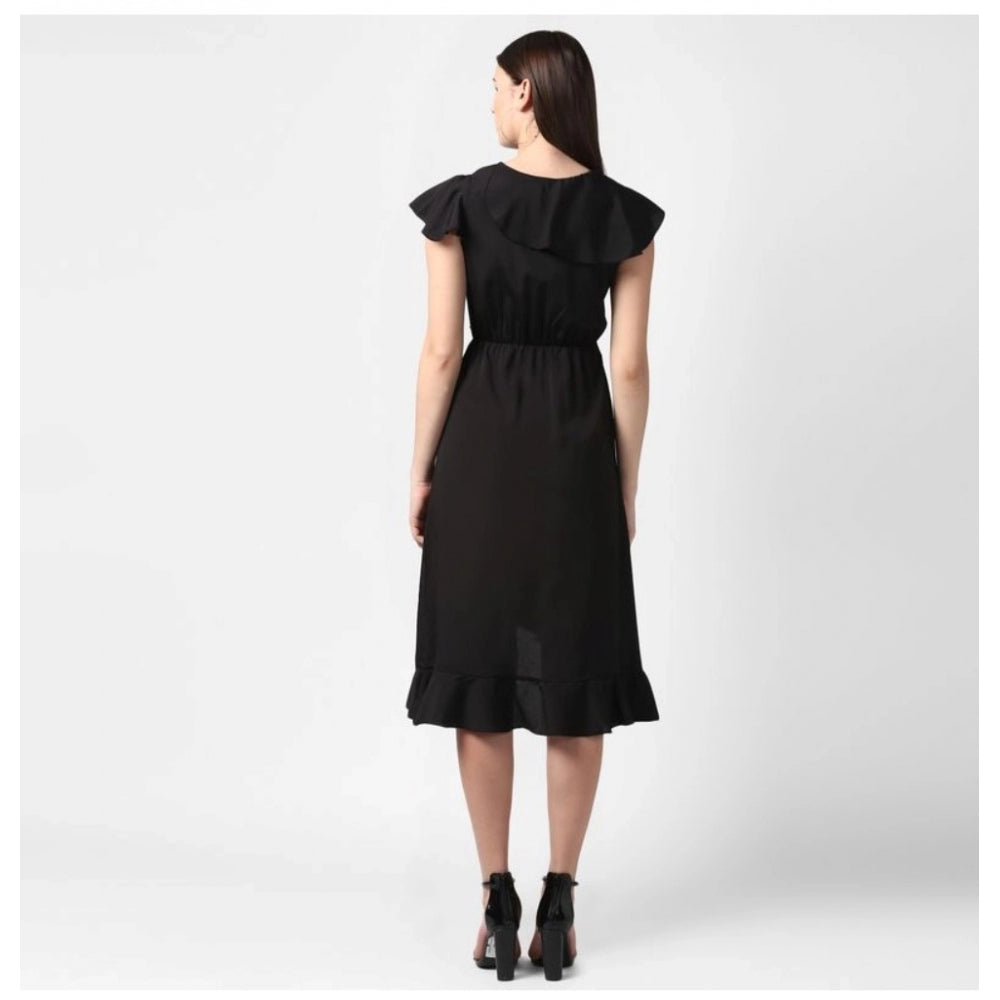 Generic Women's Polyester Ruffled Cap Sleeve Knee-Length Dress (Black) Secondary image