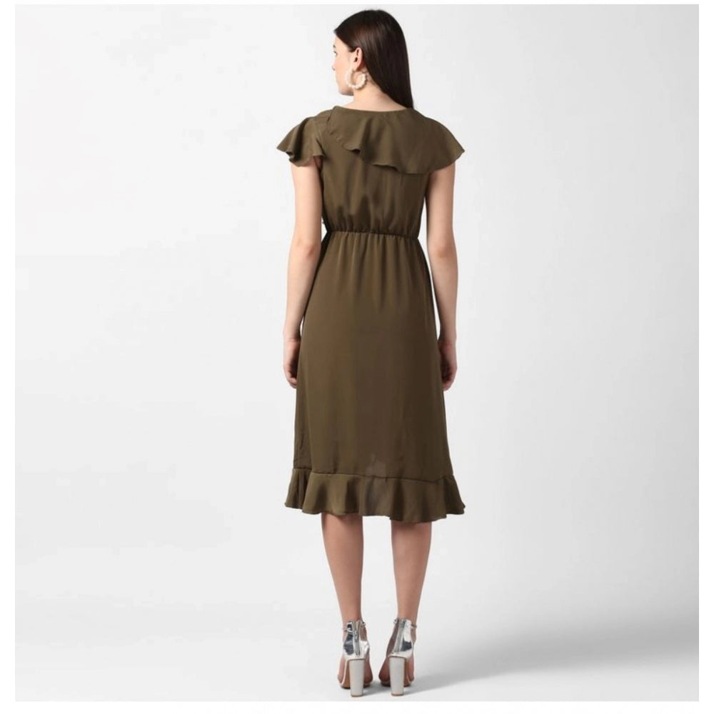 Generic Women's Polyester Ruffled Cap Sleeve Knee-Length Dress (Olive) Secondary image
