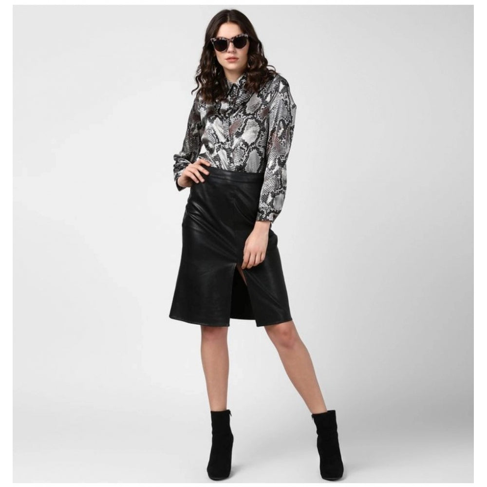 Generic Women's Satin Animal Print Long Sleeves Standard Length Shirt (Black - Grey)