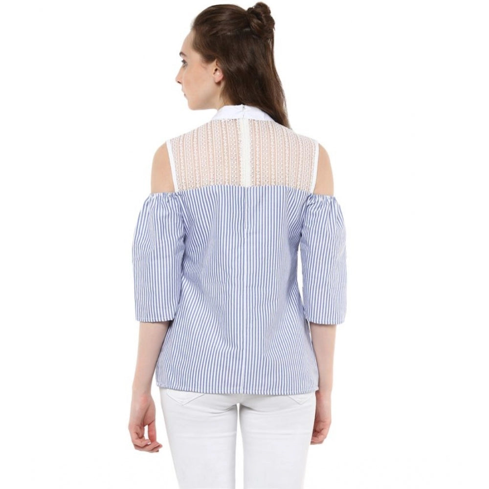 Generic Women's Cotton Striped Cold Shoulder Top (Blue) Secondary image