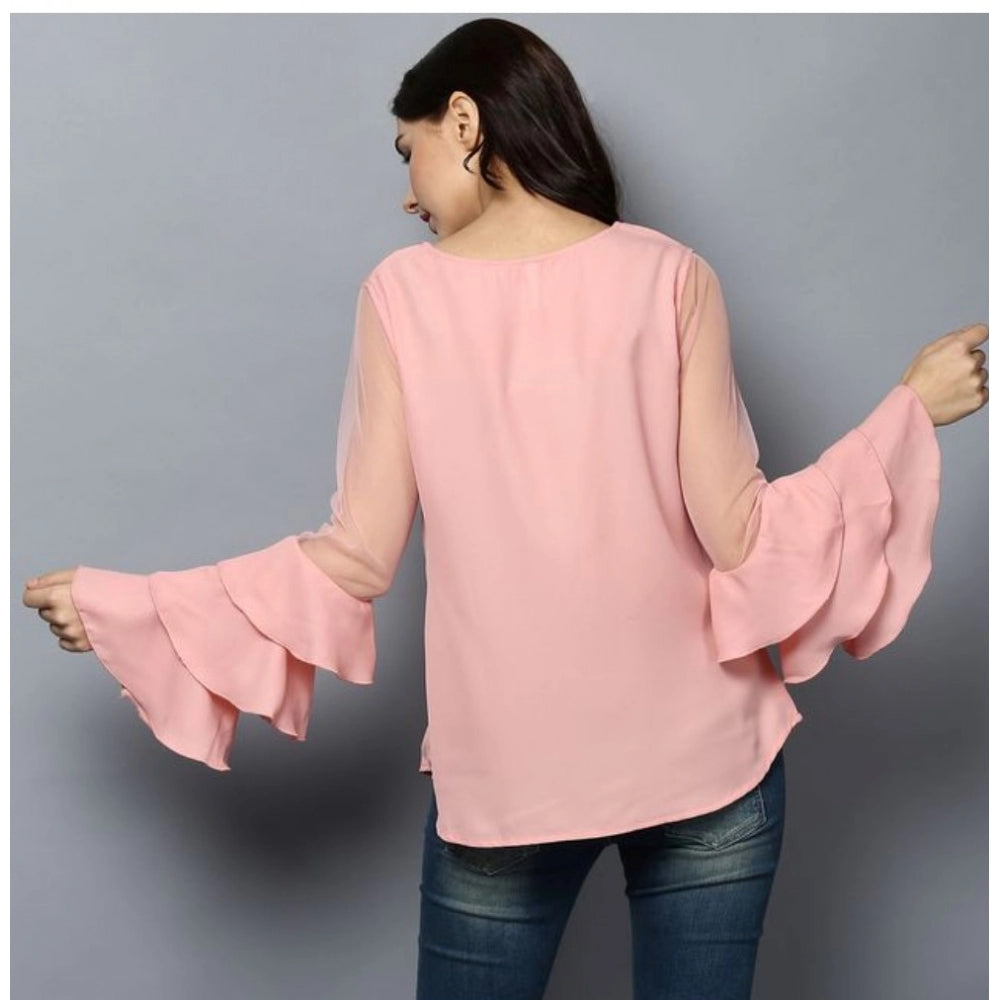 Generic Women's Polyester Solid Tier Sleeve Top (Pink) Secondary image