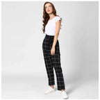 Generic Women's Polyester Checkered Elasticated Trousers (Black - White)