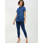 Generic Women's Denim Peplum Short Sleeve Top (Blue)