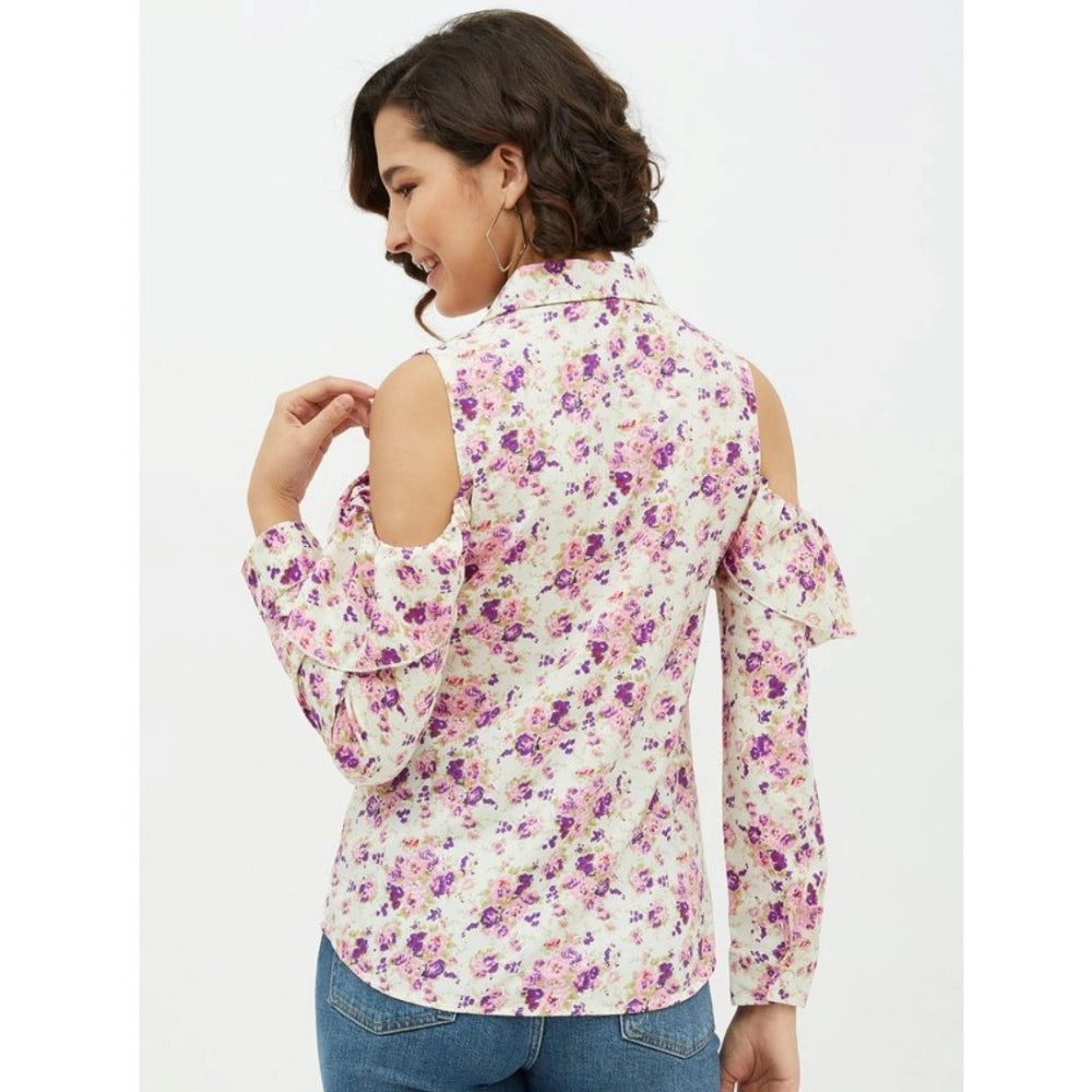 Generic Women's Polyester Floral Cold Shoulder Standard Length Shirt (White) Secondary image