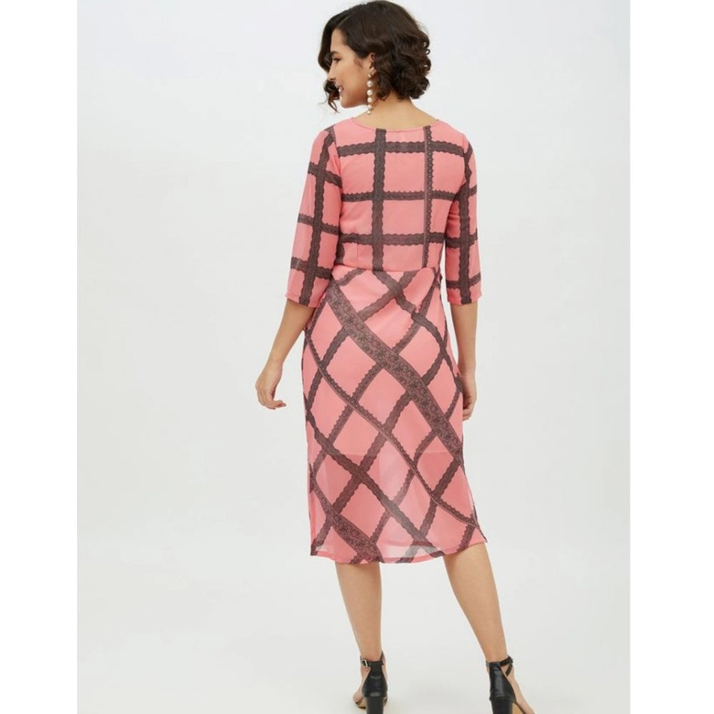 Generic Women's Polyester Checkered 3-4th Sleeves Below Knee Dress (Pink) Secondary image
